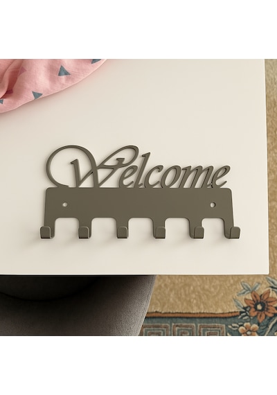 Lunoart Welcome Yazılı Metal Anahtarlık Askısı Duvar Tipi Şık Anahtar Düzenleyici Vizon