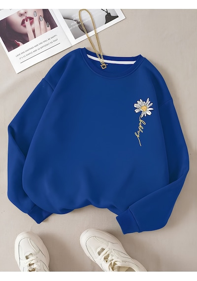 Startmore Mavi Kadın Happy Daısy Özel Renkli Oversize Bisiklet Yaka Pamuklu