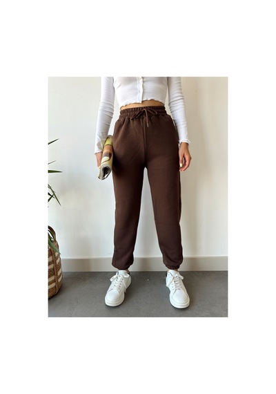 Gugus Trend Kadın Kışlık Kalın İçi Polarlı Yüksek Bel Paçası Lastikli Basic Jogger Eşofman Altı Kahverengi