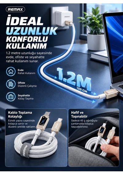 Remax Suxien Rc-c069 100w Pd Dijital Ekranlı Type-c To Type-c Hızlı Şarj Ve Data Kablosu 1.2 Metre Beyaz