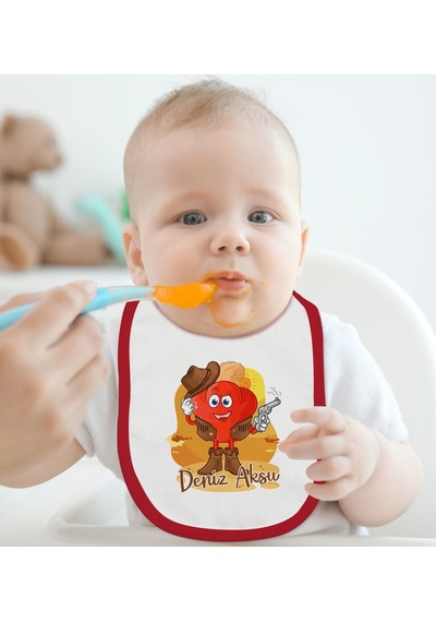 BK Kids Kişiye Özel Sevimli Kovboy Tasarımlı Kırmızı Bebek Mama Ö Kırmızı