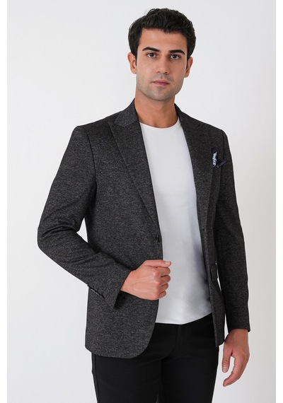 Slim Fit Sivri Yaka Çift Yırtmaçlı Esnek Yünlü Siyah Ceket C 746