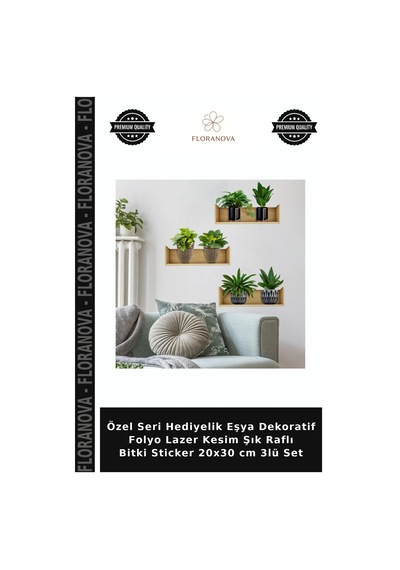 Özel Seri Hediyelik Eşya Dekoratif Folyo Lazer Kesim Şık Raflı Bitki Sticker 20x30 Cm 3lü Set Çok Renkli