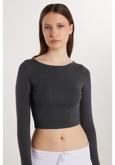Tudors Kadın Slim Fit Dar Kesim Modal Kumaş Uzun Kollu Bisiklet Yaka Antrasit Bluz-33729 Antrasit