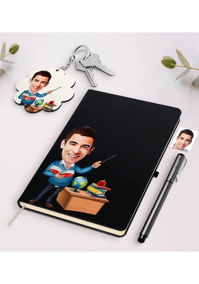 Kişiye Özel Erkek Öğretmen Karikatürlü Siyah Defter Kalem Ve Anah N11.1436