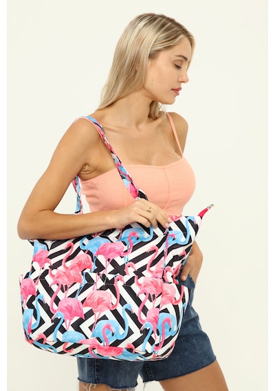 İcone Bag Kadın Çantası, Fonksiyonel Baskılı Plaj Çanta, Beach Bag, Karpuz Tropical Desenli Fermuarlı Çanta Pembe - Siyah