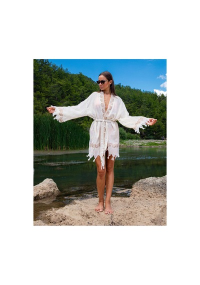 Dokubba Plaj Kimono - Ağaç Baskılı - Keten Dokuma Krem-bej Krem-bej