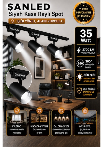 Led Siyah Kasa Beyaz Işık 35w Raylı Spot / 8 Adet 3 Metre Ray
