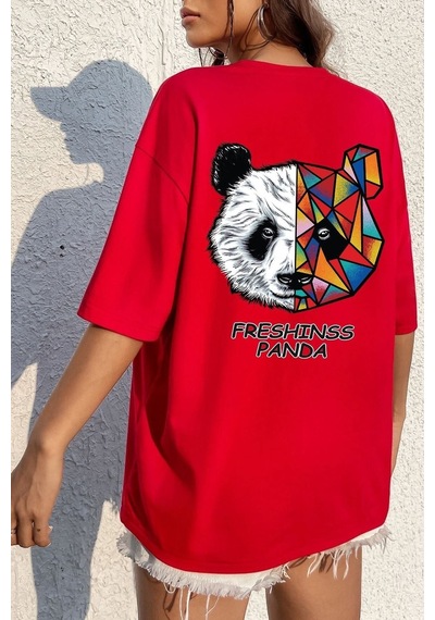 Unisex Panda Baskılı Kısa Kol T-shirt Kırmızı