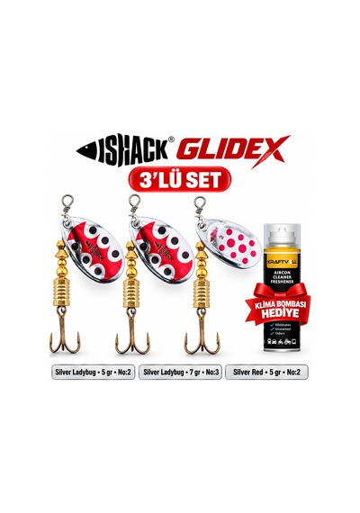 Fishack Glidex 3'lü Döner Kaşık Seti + Klima Bombası - Silver Ladybug 5 Gr No:2 + Silver Ladybug 7 Gr No:3 + Silver Red 5 Gr No:2