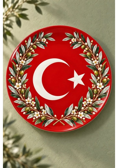 Dekoratif Duvar Tabağı Al Bayrak Zarafeti Dekorlu Seramik Tabak Kırmızı