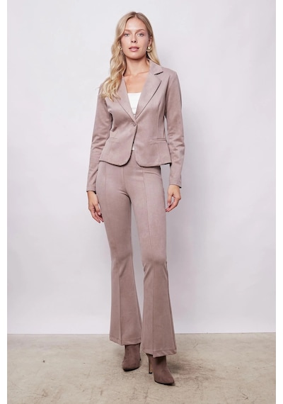 Kadın Kadife Likralı Yumuşak Dokulu Flato Cepli Uzun Kol Düğmeli Blazer Mono Ceket-bej Bej
