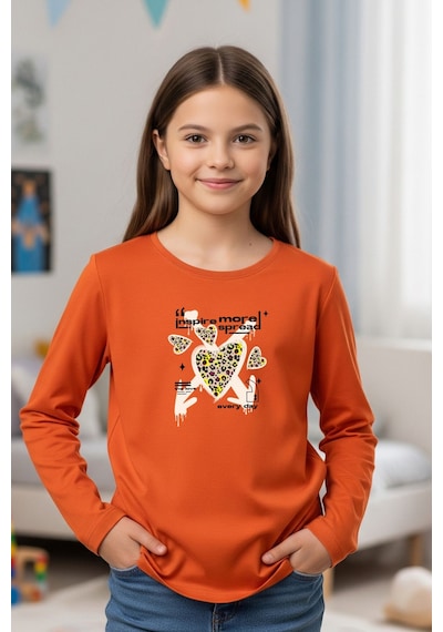 Yuvarlak Yaka Kalp Baskılı Kız Çocuk Sweatshirt Turuncu