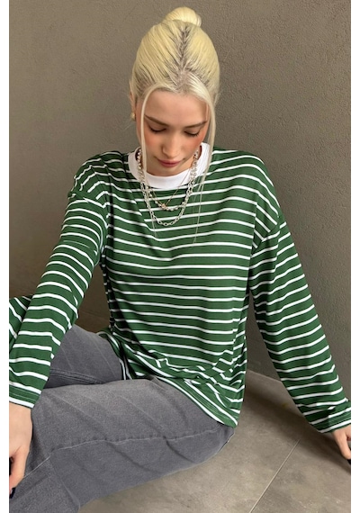 Yeşil Bisiklet Yaka Çizgili Uzun Kollu Tişört Mg2362 Yeşil