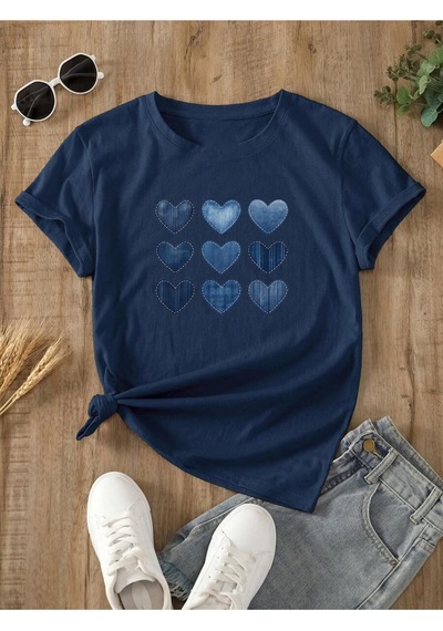 Uyguntarz Unisex Jean Desenli Kalp Tasarım Basklı Tshirt Lacivert