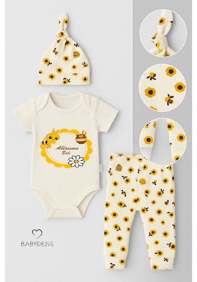 Babyden's Ablasının Balı Yazılı 3 Lü Bebek Takımı Kısa Kollu Çıtçıtlı Body, Arı Desenli Fitilli Pantolon, Bere Unisex Ekru