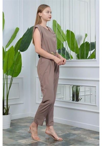 Neşeli Butik Vizon Kadın Vatkalı Kemer Detaylı Sıfır Kol Cepli Tulum Nb10051 Vizon