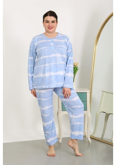 Akbeniz Kadın Büyük Beden Uzun Kol Penye Pijama Takımı Mavi 202502 Mavi