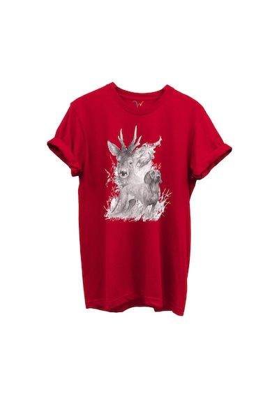 Geyik Ve Av Köpeği Çizim Baskılı %100 Pamuk Regular Fit Bisiklet Yaka Unisex T-shirt Kırmızı