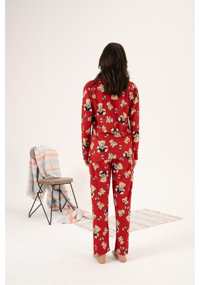Estiva Desenli Önden Düğmeli Süet Bayan Pijama Takım 001