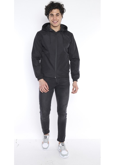 Escetic Erkek Spor Siyah Slimfit Kapşonlu İnce Yağmurluk / Rüzgarlık-3718 Siyah