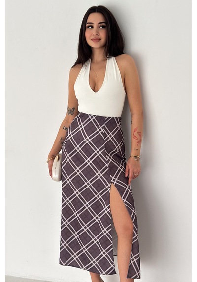 Kadın Yırtmaç Detaylı Ekose Uzun Etek Slit Plaid Mor