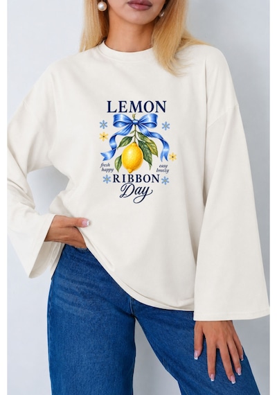 Medinenur Limon Baskılı Uzun Kollu Tesettüre Uygun Body Ekru