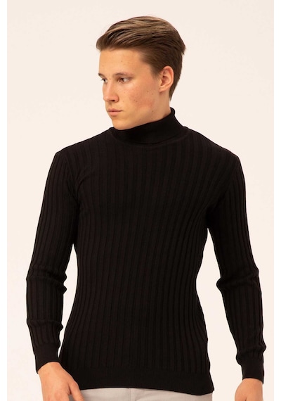 Ateş Triko Erkek Balıkçı Yaka Slim Fit Fitilli Triko Kazak 6091288 Siyah Siyah