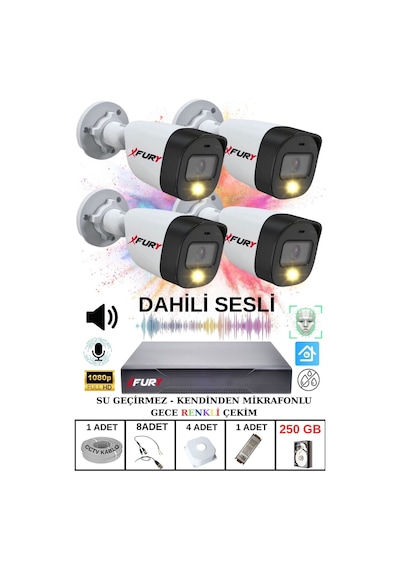 Fury 4 Lü Sesli Gece Renkli Görüş Güvenlik Kamerası Su Geçirmez Güvenlik Kamerası Seti 250gb