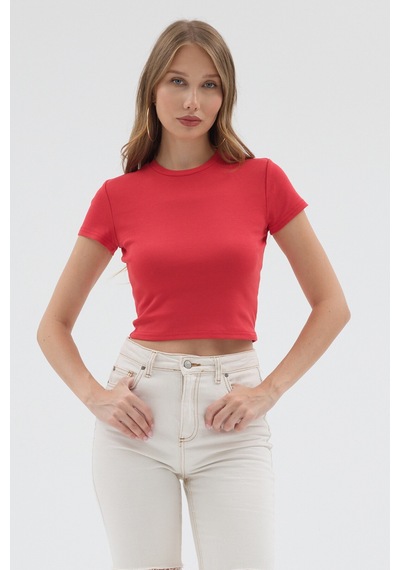 Urbantrendstore Kadın Bisiklet Yaka Likralı Kısa Kol Body Crop Bluz Günlük Şık Sade Yazlık Casual Crop Kadın Crop Kırmızı