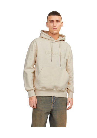 Jack & Jones Erkek Kapüsonlu Gögüs Logo Baskili Sweatshirt Beyaz