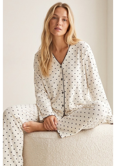 Siyah İnci Yumuşak Tuşe Kışlık Fitilli Pamuklu Örme Düğmeli Hırka Pijama Takım 8073 Siyah Kalp