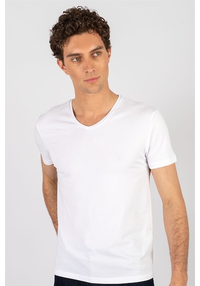 Tudors 16652 Slim Fit Dar Kesim V Yaka Kısa Kol Basic Erkek Tişört Beyaz