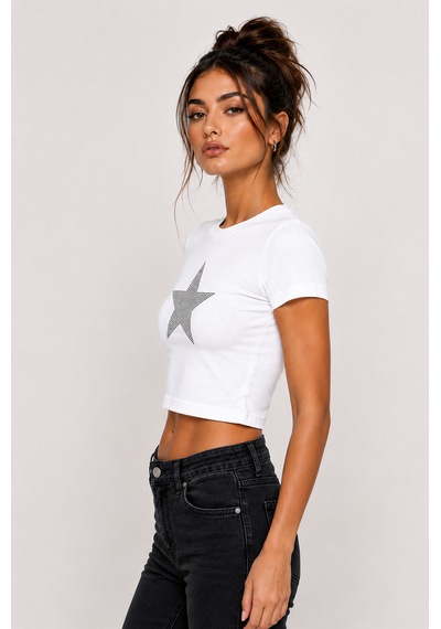 Bozzbozzcollection Beyaz Taşlı Yıldız Detaylı Basic Crop Tişört Kadın