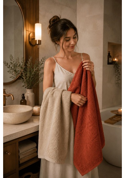 2'li Jakarlı Büyük Boy Banyo Havlusu 90x150 Cm %100 Pamuk Lorea 650 Gr Kiremit-bej
