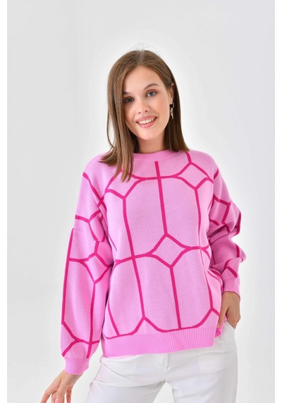 Park Karon Kadın Bisiklet Yaka Desenli Oversize Triko Kazak 224403 Pembe