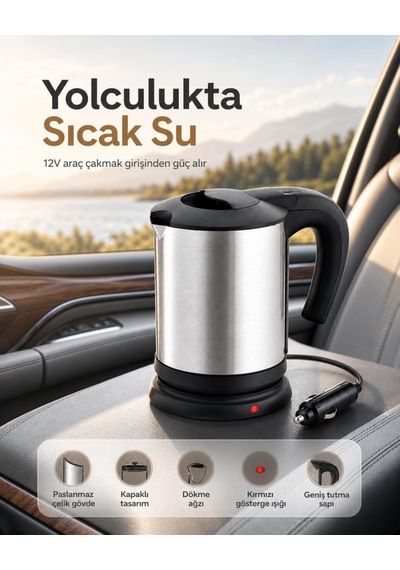 Seyahat İçin 12v Elektrikli Su Isıtıcı Paslanmaz Çelik Gövdeli Pratik Kettle