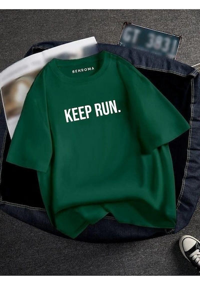 Oversıze Keep Run Baskılı Unısex Tisort Baskılı Yeşil