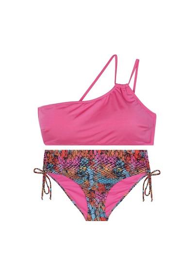 Tek Omuz Formda İpli Detaylı Desenli Bikini Takım Pembe