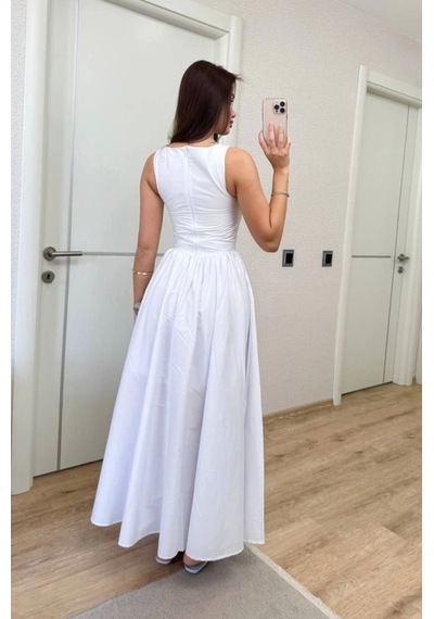 Defymoda Sifir Kol Beli Oturtmalı Kolsuz Uzun Elbise - Beyaz Beyaz