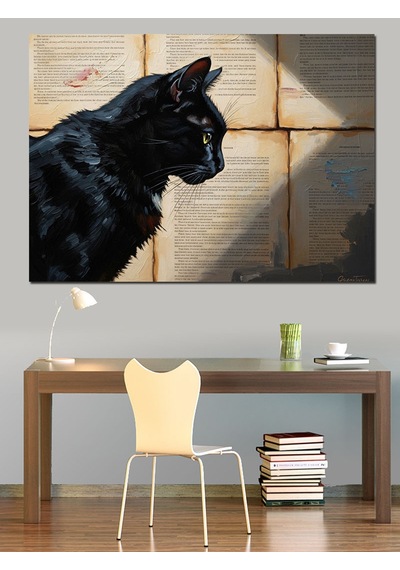 Kitap Sayfalarında Yürüyen Siyah Kedi Dekoratif Kanvas - Mdf Ahşap Tablo