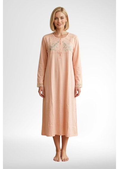 Mecit Pijama Mecit 6373 Somon Kadın %100 Pamuk Uzun Kollu Gecelik