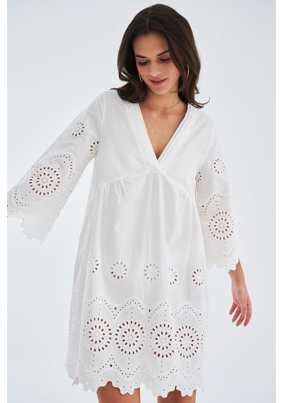 Peraluna Hiromi Dress %100 Pamuk 3/4 Kol Diz Hizası Yazlık Kadın Beyaz