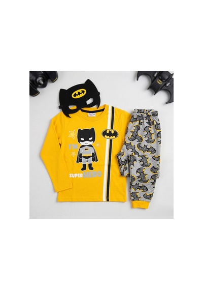 Deniva Kids Erkek Çocuk Batman Temalı Maskeli 3'lü Pijama Takımı Sarı