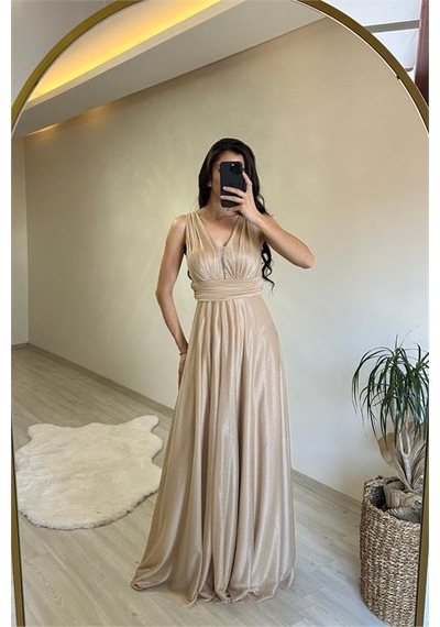 Neşeli Butik Kadın Drapeli Işıltılı Kalın Askılı Abiye Elbise Nm003 Sarı