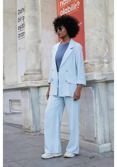 Kadın İpeksi Dokulu Modal Kumaş Yakalı Cep Kapaklı Oversize Salaş Blazer Ceket-mavi Mavi