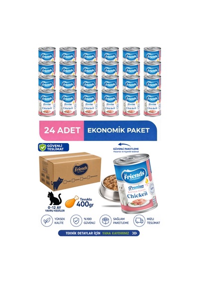 Premium Tavuklu Yavru Kedi Konservesi 400 Gr X 24 Adet Ekonomik Paket Yaş Mama 0-12 Ay
