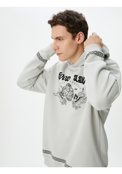 Koton Uzakdoğu Baskılı Hoodie Rahat Kesim Sloganlı Gri 4wam70399mk Gri
