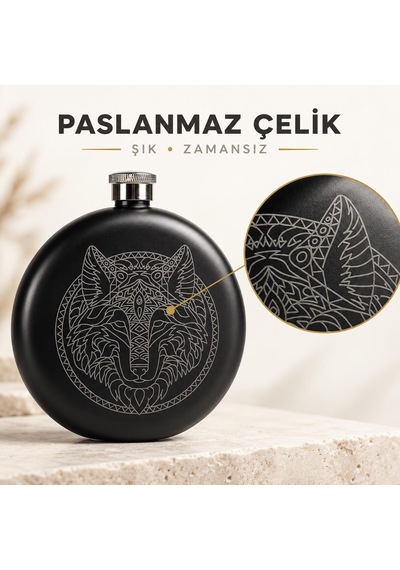 Kurt Desenli Paslanmaz Çelik İçki Matarası 240 Ml 8 Oz Cep Matarası Hunili Kamp Outdoor Erkek Hediye Siyah