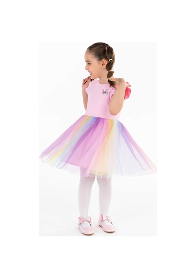 Civil Girls Renkli Tüllü Kaşkorse 4-9 Yaş Elbise Pembe